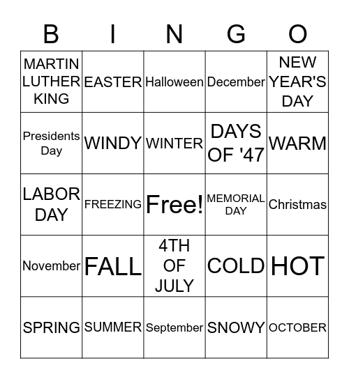 SEASONS AND HOLIDAYS OF THE YEAR Bingo Card