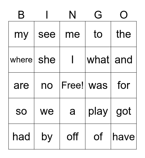 Sight Word Bingo Card