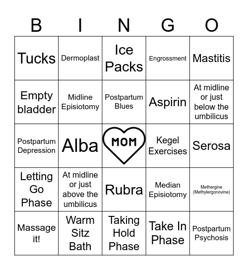 OB Bingo Postpartum Bingo Card