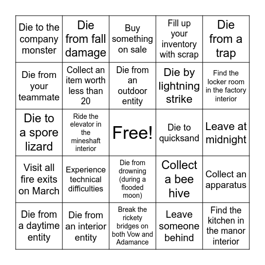 Lethal Company Bingo (Easy) Bingo Card