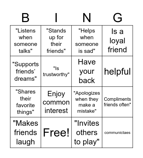 Friendship Bingo Card