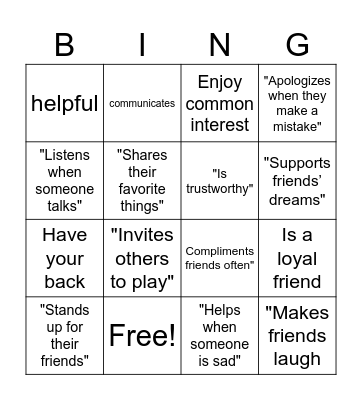 Friendship Bingo Card