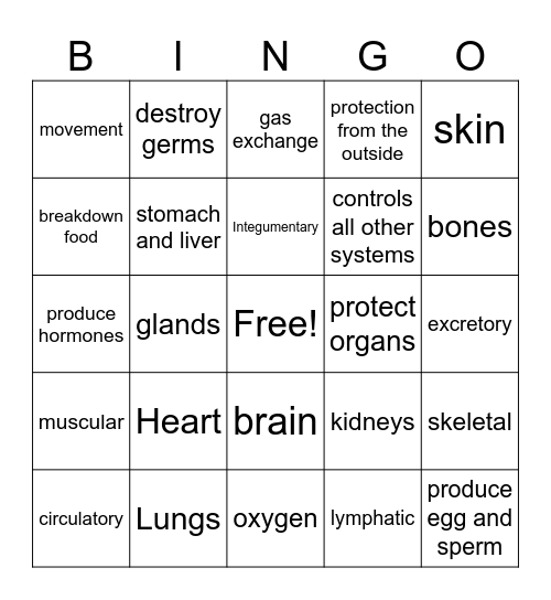 BOdy Systems Bingo Card
