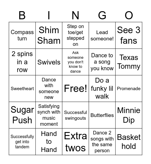 Swing bingo yay Bingo Card