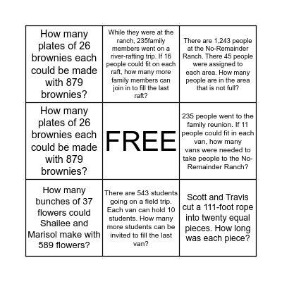 Unit 2 Review: Division of Whole Numbers Bingo Card