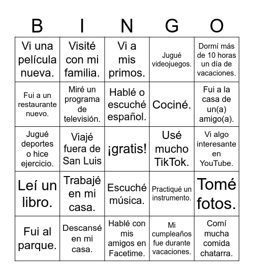 ¿Qué hiciste en las vacaciones de primavera? Bingo Card