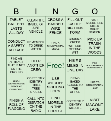 Malheur National Forest Field Season Bingo Card