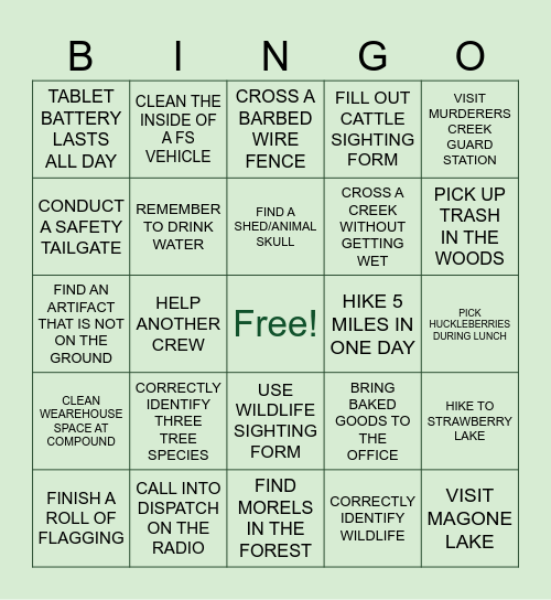 Malheur National Forest Field Season Bingo Card