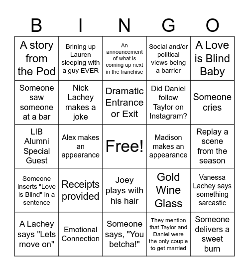 Love is Blind Season 8 Reunion Bingo Card