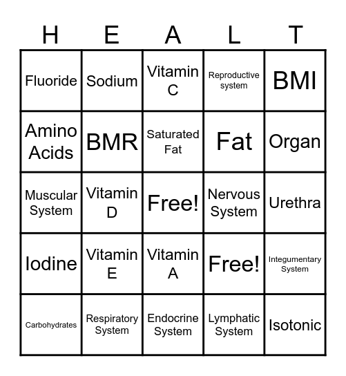 Physical Health BINGO Card