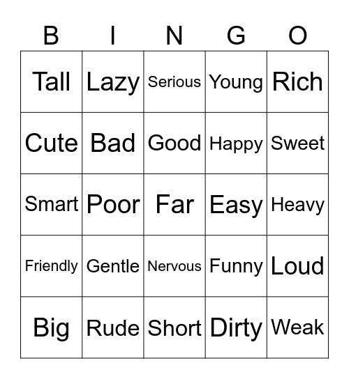 ADJECTIVES BINGO Card