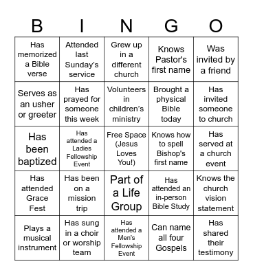 Find Someone Who... (Church Edition) Bingo Card