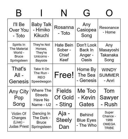 Music Bingo (my car) Bingo Card