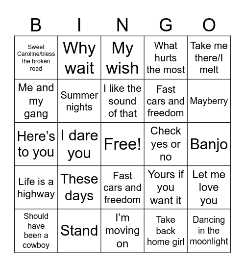 Rascal Flatts Bingo Card