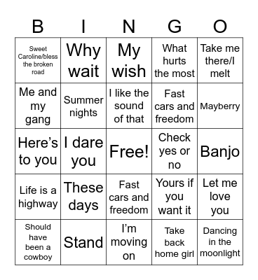 Rascal Flatts Bingo Card