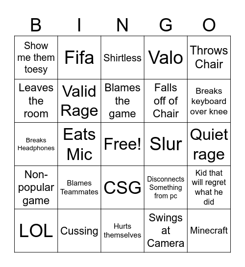Gamer Rage Bingo Card