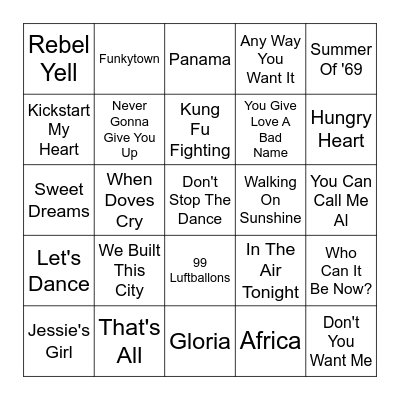 80s Hits Bingo Card