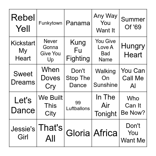 80s Hits Bingo Card