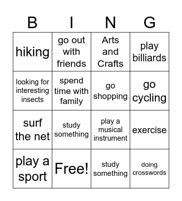 Free Time Activities Bingo Card