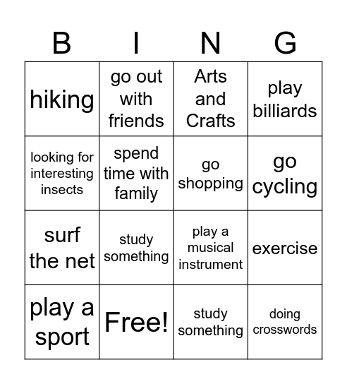 Free Time Activities Bingo Card