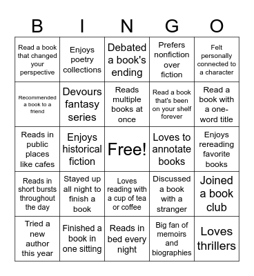 Book Club Bingo Card