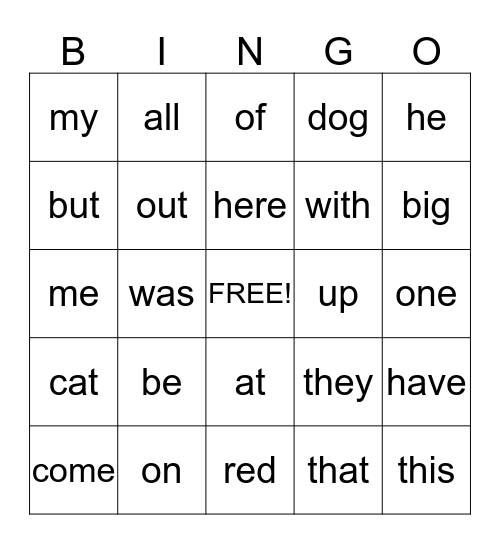Popcorn Words Bingo Card