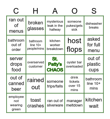 St. Patty's Chaos Bingo Card