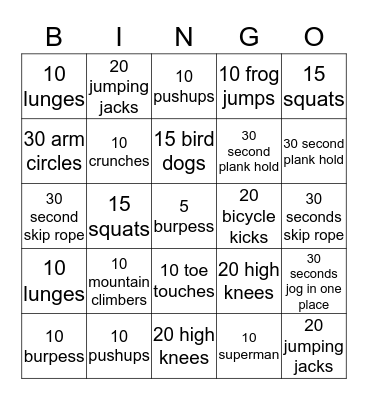 Fitness Bingo Card
