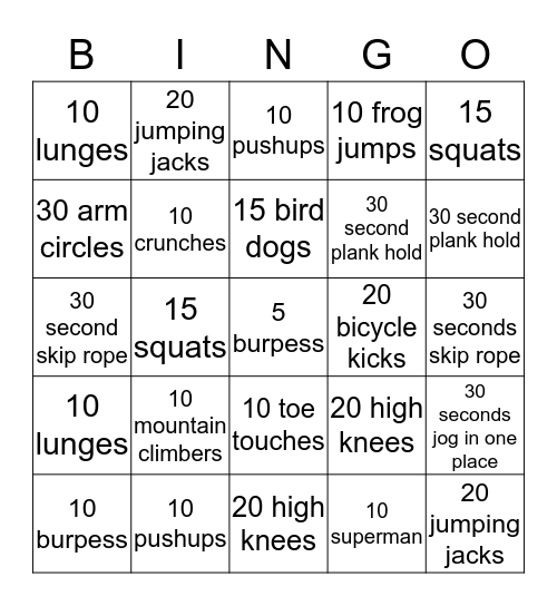 Fitness Bingo Card