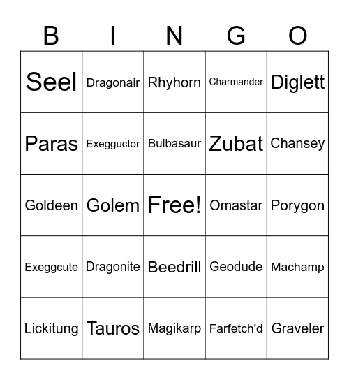 Pokemon Battle Bingo Card