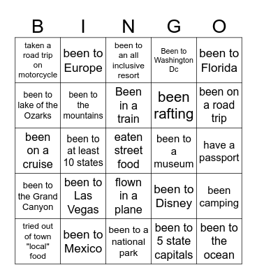 Travel Bingo Card