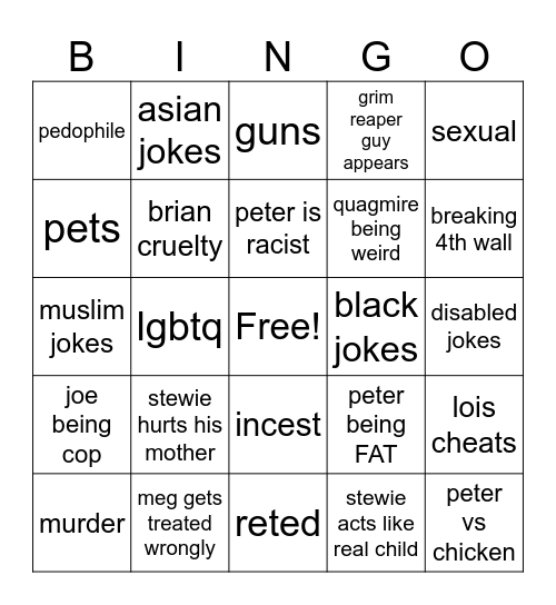 family guy bingo Card