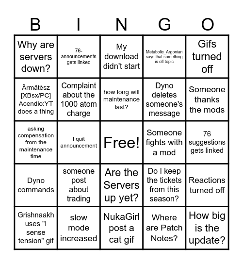 Fallout 76 discord bingo Card