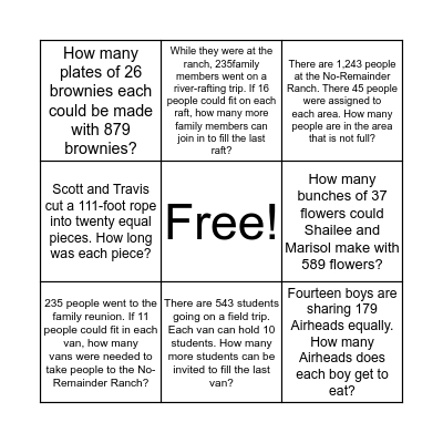 Unit 2 Review: Division of Whole Numbers Bingo Card