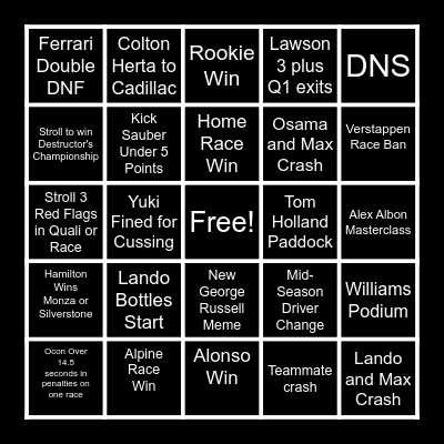 F1 Bingo 2025 Bingo Card