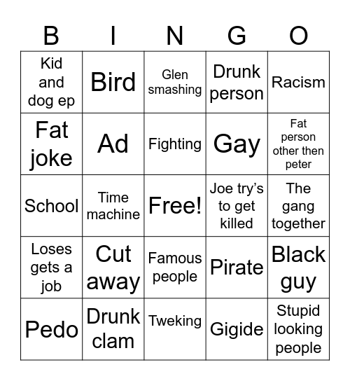 Family guy Bingo Card