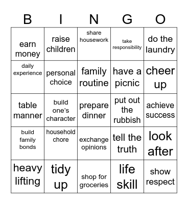 Family Life Bingo Card