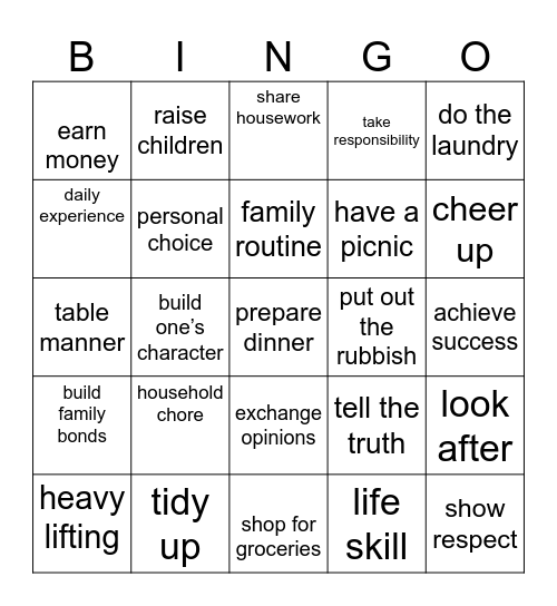 Family Life Bingo Card