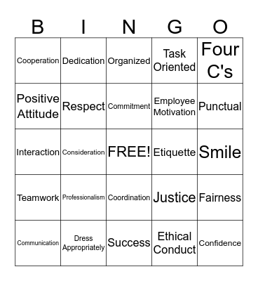 Professionalism Bingo Card