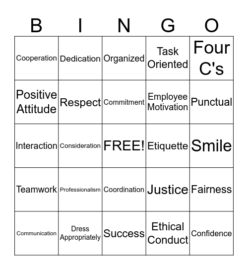 Professionalism Bingo Card