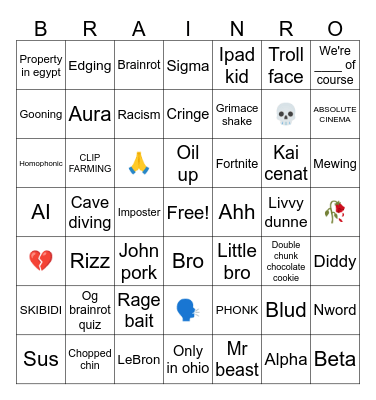 BRAINROT BINGO (YT shorts) Bingo Card
