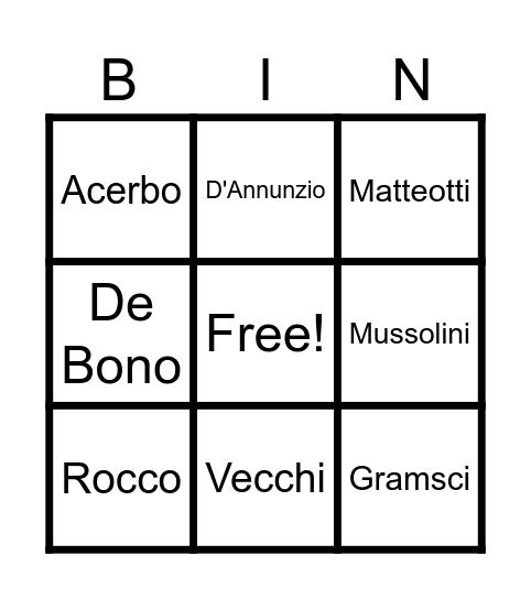 Personaggi del Ventennio Bingo Card