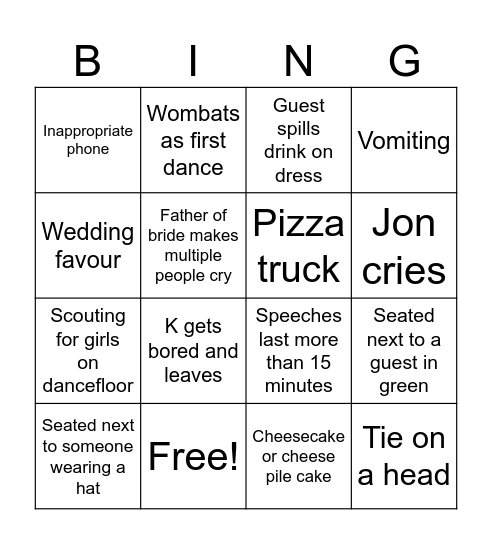 Wedding bingo Card