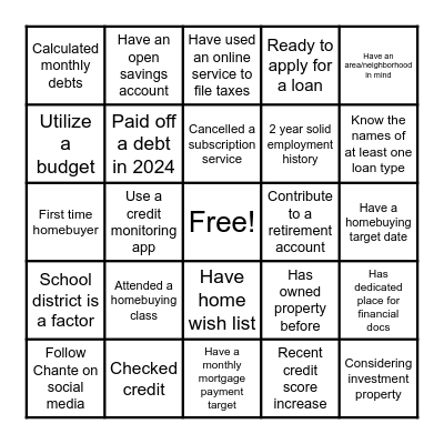 Homebuying BINGO Card