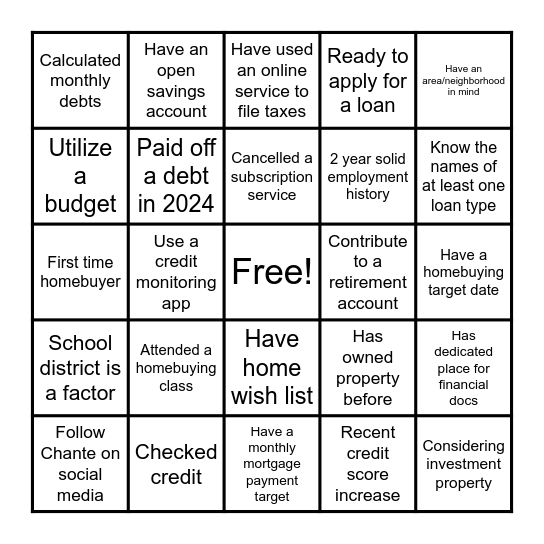 Homebuying BINGO Card
