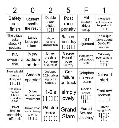 WGS F1 BINGO Card