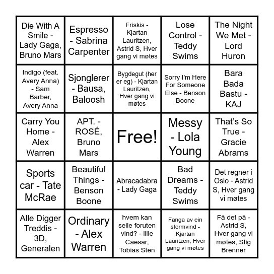 Musikkbingo Fagerli 2025 (1) Bingo Card