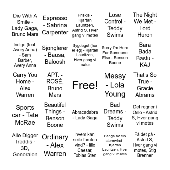 Musikkbingo Fagerli 2025 (2) Bingo Card