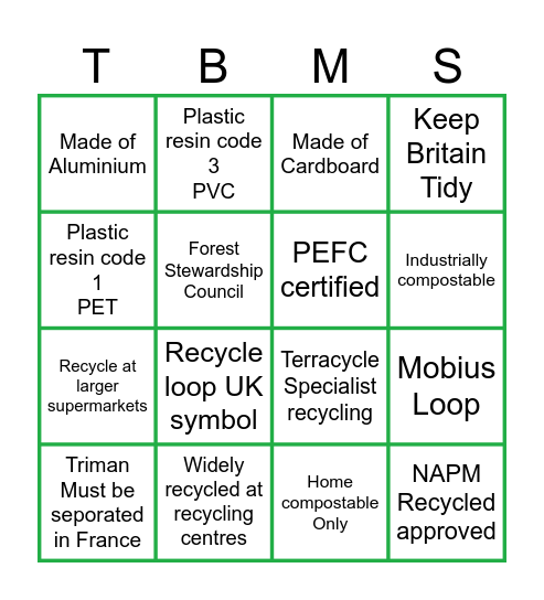 Recycling Bingo Card