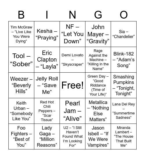 Songs by Artists in Recovery! Bingo Card
